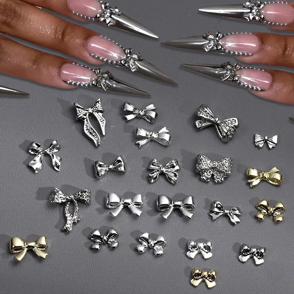20Pcs Silver Gold 3D Bow Nail Charms Luxury Metallic FlatBack Bowknot Nail Art Jewelry Rhinestones DIY Manicure Elegant Designs