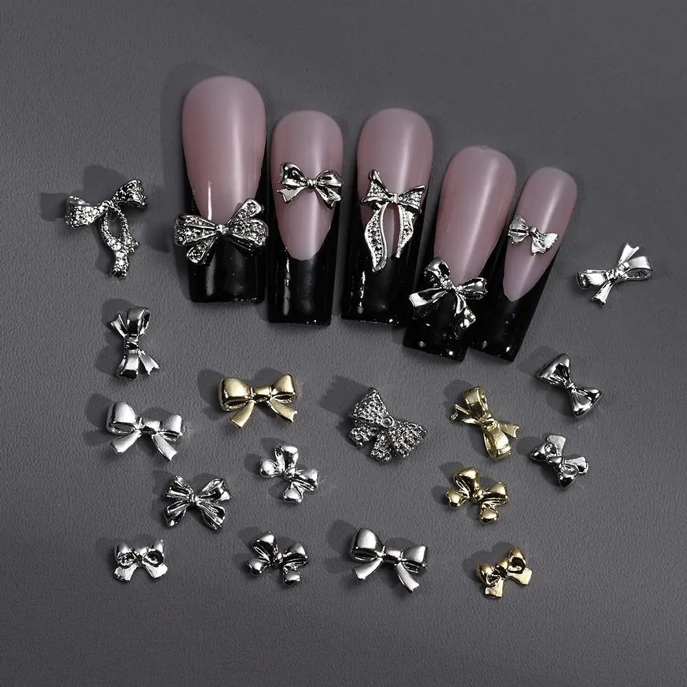 20Pcs Silver Gold 3D Bow Nail Charms Luxury Metallic FlatBack Bowknot Nail Art Jewelry Rhinestones DIY Manicure Elegant Designs