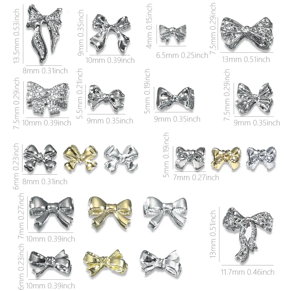 20Pcs Silver Gold 3D Bow Nail Charms Luxury Metallic FlatBack Bowknot Nail Art Jewelry Rhinestones DIY Manicure Elegant Designs