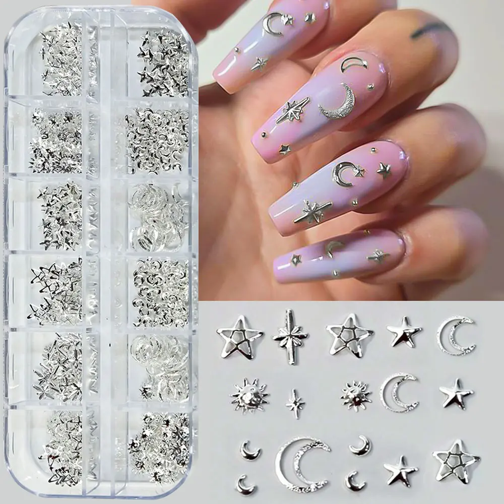 12Grids 3D Star Moon Nail Art Metal Charms Alloy Nail Studs Mixed Starlinght Rivets Jewelry for Women DIY Craft Nail Decoration