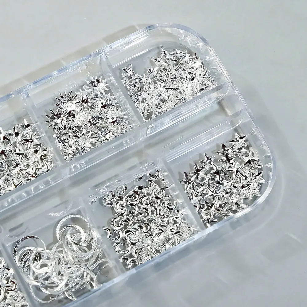 12Grids 3D Star Moon Nail Art Metal Charms Alloy Nail Studs Mixed Starlinght Rivets Jewelry for Women DIY Craft Nail Decoration