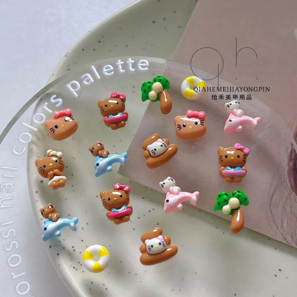 10Pcs Kawaii MINISO Hello Kitty Nail Art Charms Cartoon Coconut Tree/Swimming Ring Xmas/Holiday/Party Manicure Decor Rhinestone
