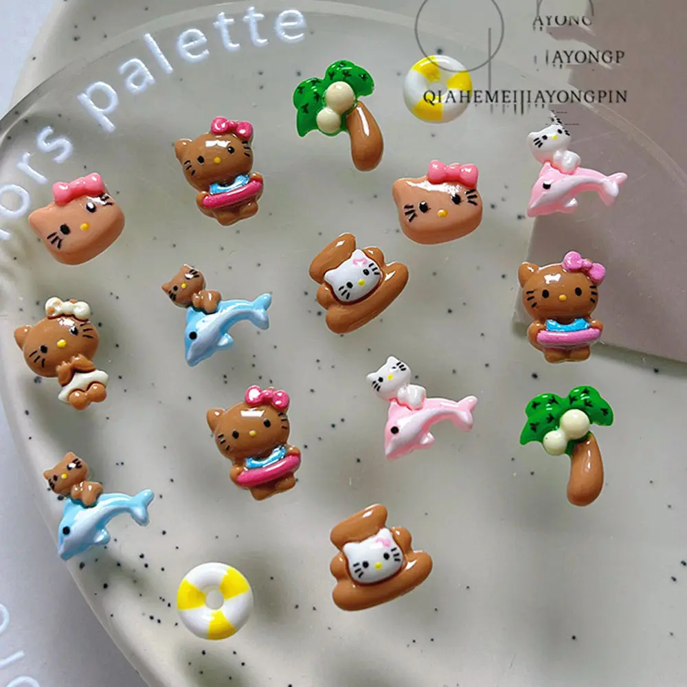 10Pcs Kawaii MINISO Hello Kitty Nail Art Charms Cartoon Coconut Tree/Swimming Ring Xmas/Holiday/Party Manicure Decor Rhinestone