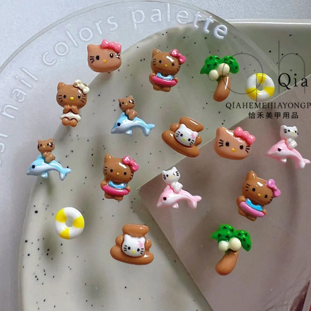 10Pcs Kawaii MINISO Hello Kitty Nail Art Charms Cartoon Coconut Tree/Swimming Ring Xmas/Holiday/Party Manicure Decor Rhinestone