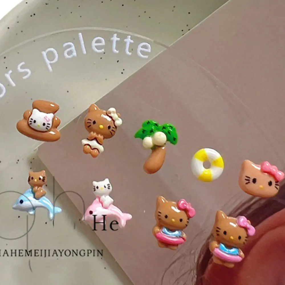 10Pcs Kawaii MINISO Hello Kitty Nail Art Charms Cartoon Coconut Tree/Swimming Ring Xmas/Holiday/Party Manicure Decor Rhinestone