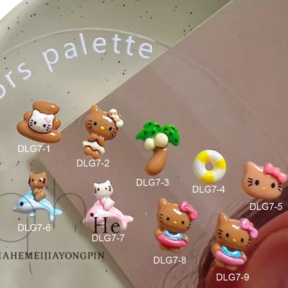 10Pcs Kawaii MINISO Hello Kitty Nail Art Charms Cartoon Coconut Tree/Swimming Ring Xmas/Holiday/Party Manicure Decor Rhinestone