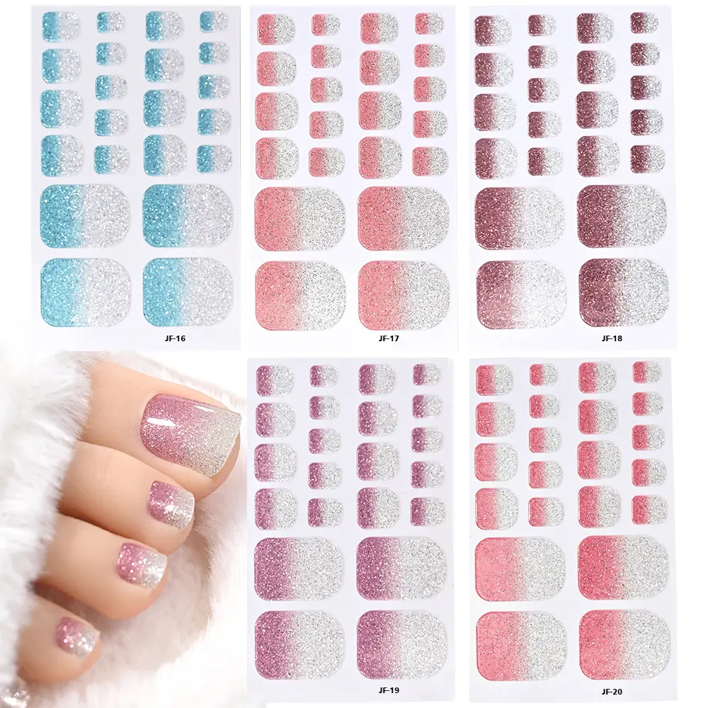 1pcs 22tips Gradient Glitter Full Toe Nail Wraps 3D Shiny Omber Pink/Purple/blue Toe Nail Polish Stickers Baking Free Toe Strips
