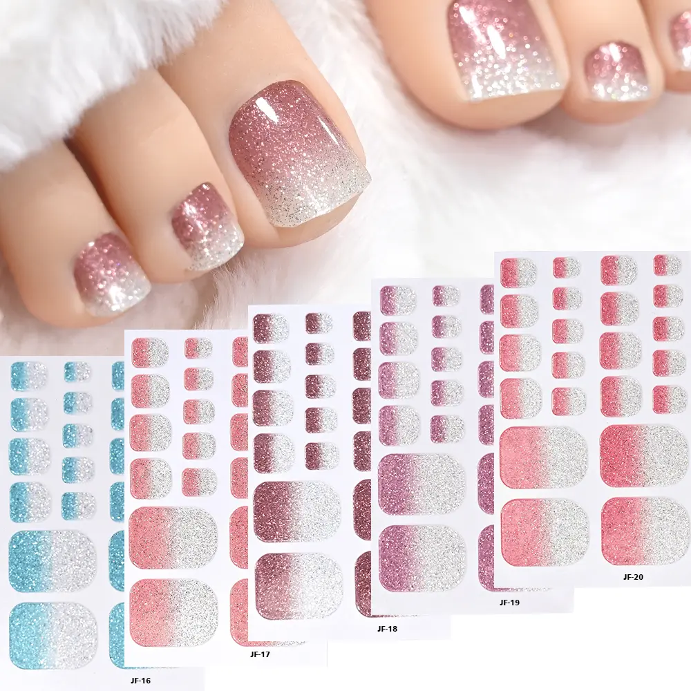 1pcs 22tips Gradient Glitter Full Toe Nail Wraps 3D Shiny Omber Pink/Purple/blue Toe Nail Polish Stickers Baking Free Toe Strips