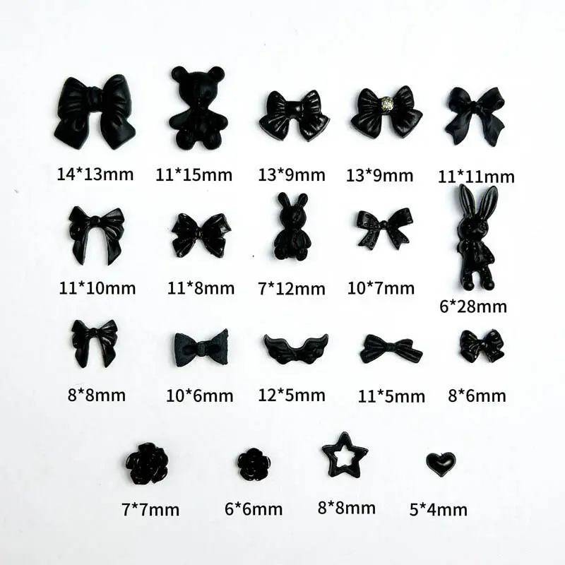 50PCS Multiple Style Black Bows Rose Nail Art Decorations Resin Mini Heart Star Dark Style Nail Charms  Handmade DIY Manicure
