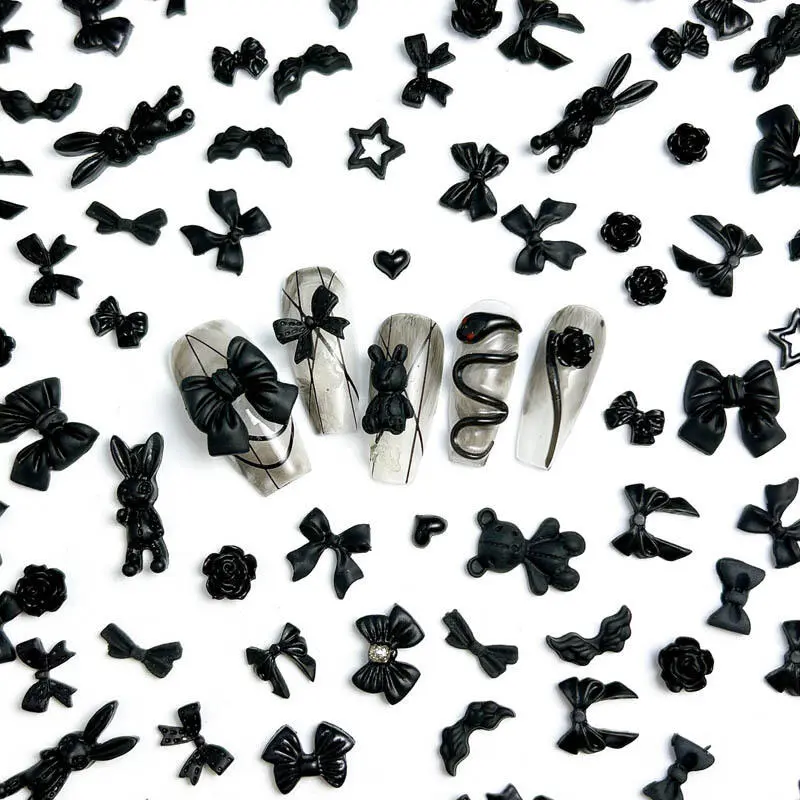 50PCS Multiple Style Black Bows Rose Nail Art Decorations Resin Mini Heart Star Dark Style Nail Charms  Handmade DIY Manicure