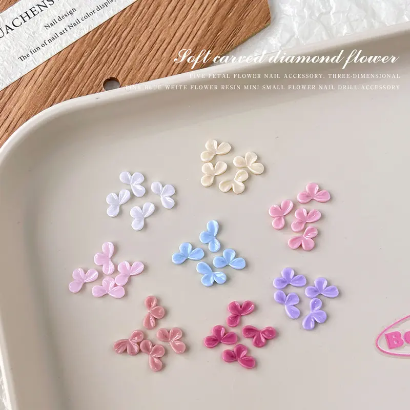 20Pcs Macaron Colored Resin Five-Petal Flower Nail Charms Art Decorations Summer Freshness Sculpture Nail Supplies Accessories