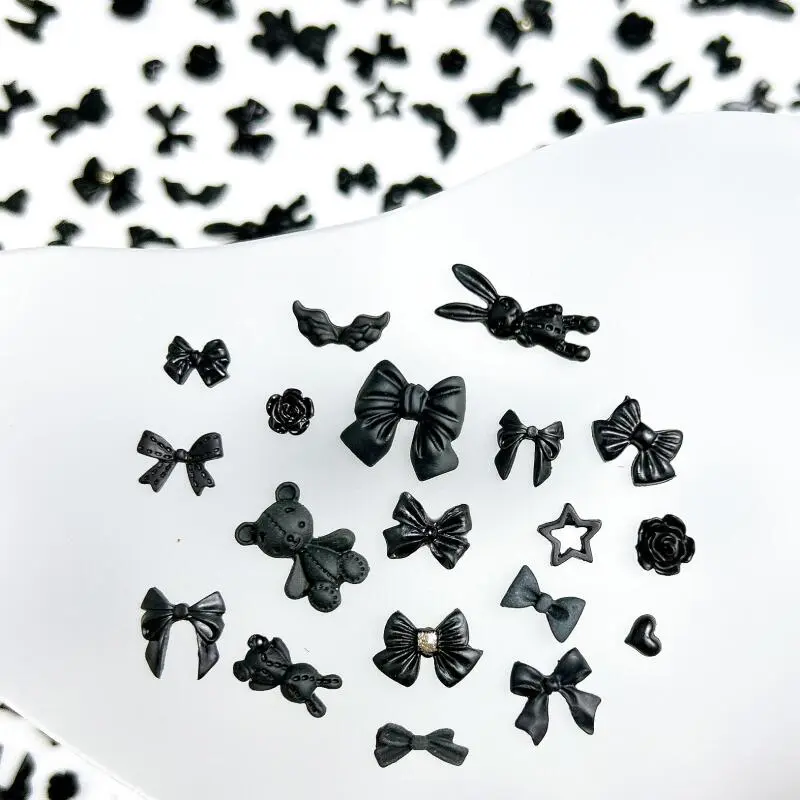 50PCS Multiple Style Black Bows Rose Nail Art Decorations Resin Mini Heart Star Dark Style Nail Charms  Handmade DIY Manicure