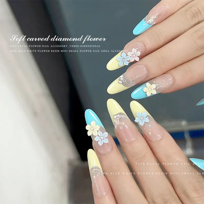 20Pcs Macaron Colored Resin Five-Petal Flower Nail Charms Art Decorations Summer Freshness Sculpture Nail Supplies Accessories