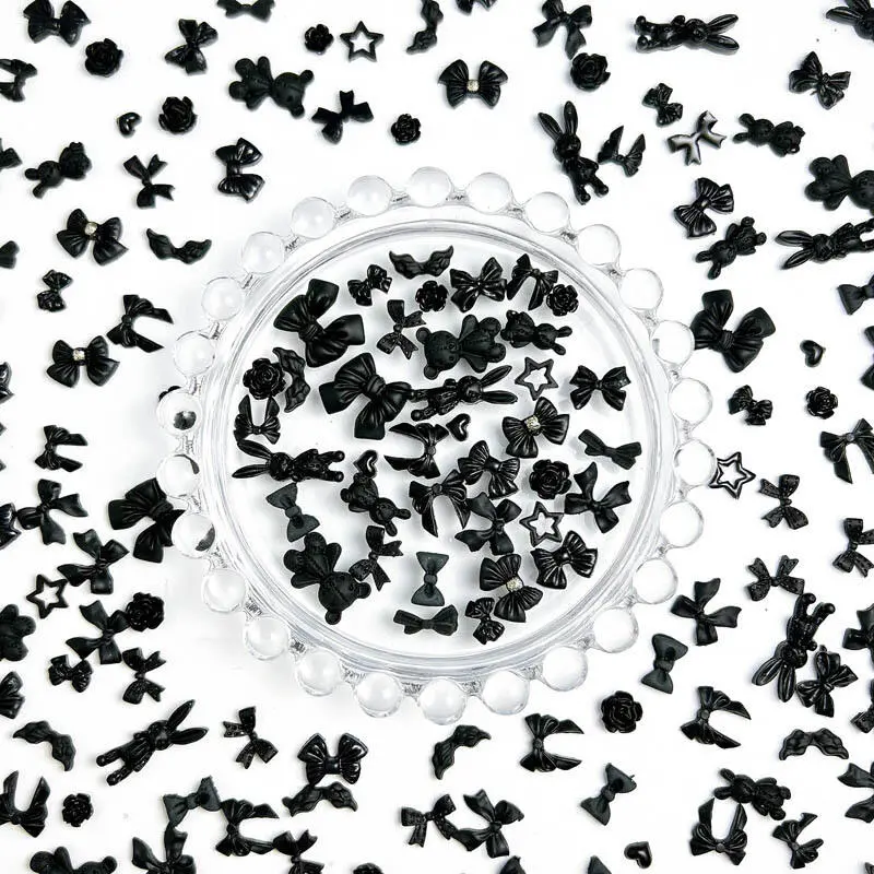 50PCS Multiple Style Black Bows Rose Nail Art Decorations Resin Mini Heart Star Dark Style Nail Charms  Handmade DIY Manicure