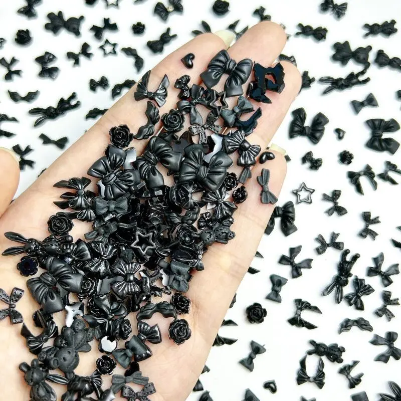 50PCS Multiple Style Black Bows Rose Nail Art Decorations Resin Mini Heart Star Dark Style Nail Charms  Handmade DIY Manicure