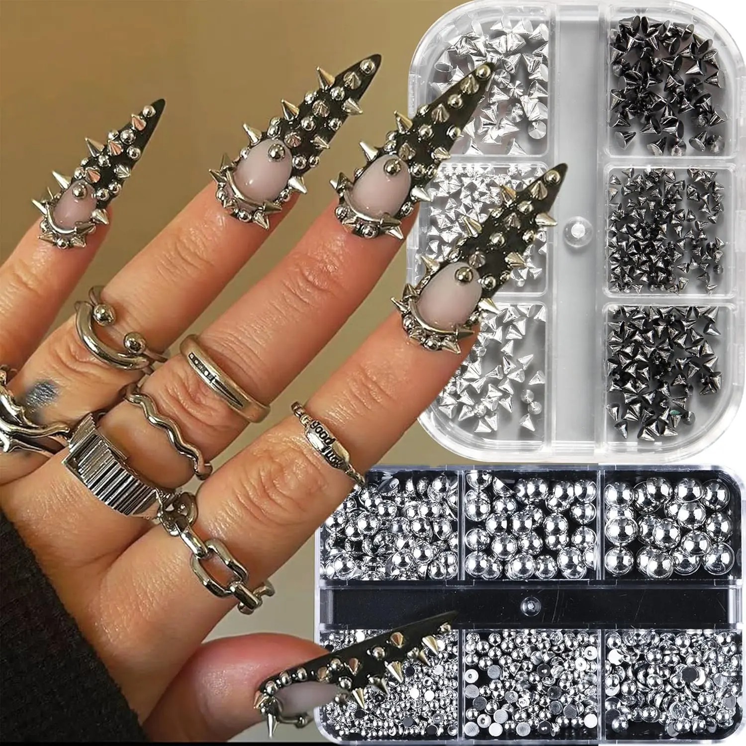 3D Mini Metal Punk Nail Art Studs Mixed Sizes Gold Black Cone Spikes Alloy Rivets Jewelry Steel Balls Jewels for Women