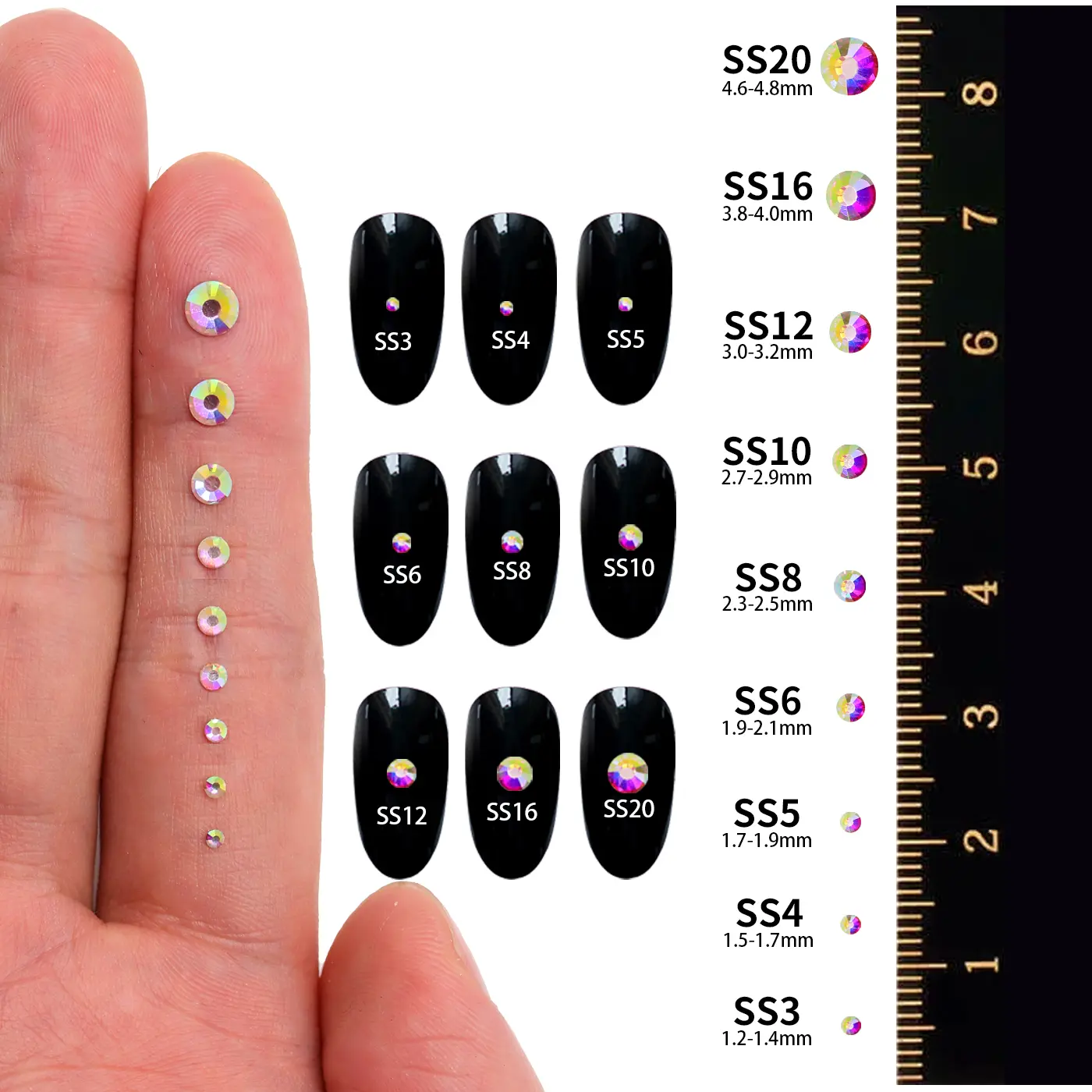 SS3-SS20 Black Diamond Glitter Glass Rhinestones Mix Small Size High Quality Flatbase Crystal For Nail Art Crafts DIY Decoration