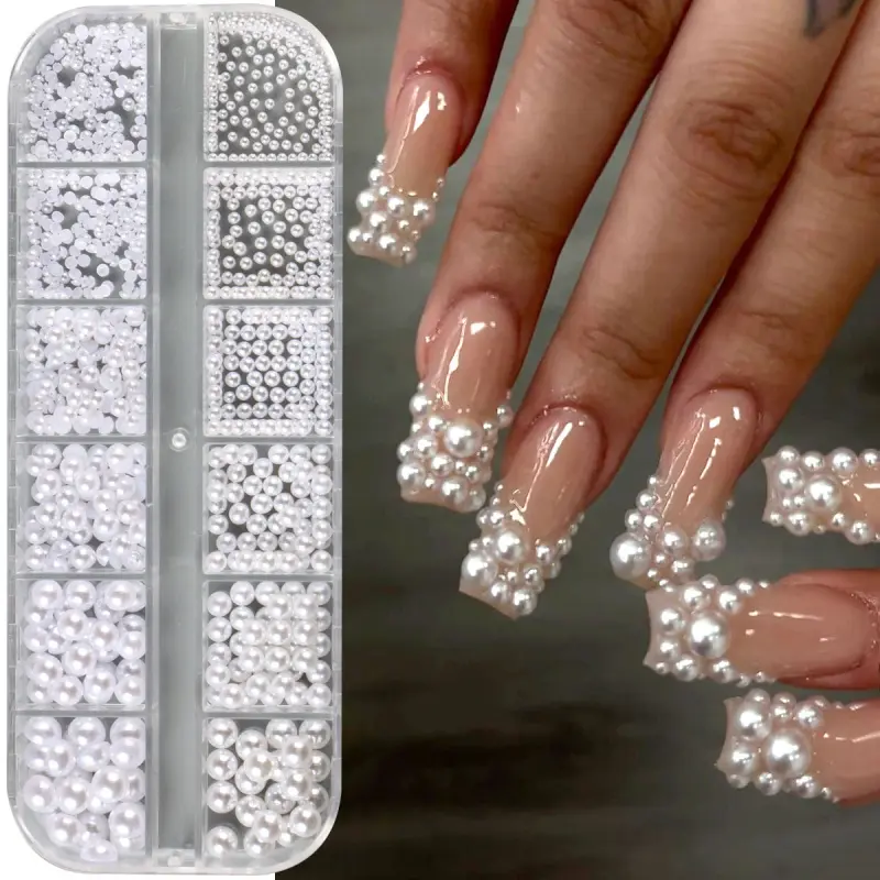 12 Grids Half  Round Pearl Beads 3D Nail Charms Elegant White Wedding Designs Decorations Mixed Pearls Ornaments Manicure Decor