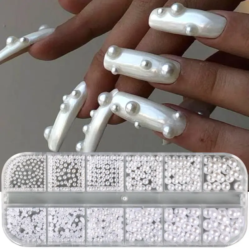 12 Grids Half  Round Pearl Beads 3D Nail Charms Elegant White Wedding Designs Decorations Mixed Pearls Ornaments Manicure Decor