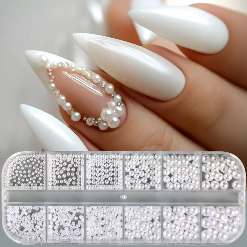 12 Grids Half  Round Pearl Beads 3D Nail Charms Elegant White Wedding Designs Decorations Mixed Pearls Ornaments Manicure Decor