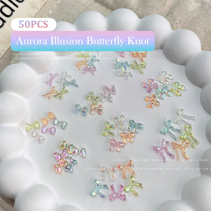 50Pcs Colorful Bow Nail Charms Nails Art Accessory Illusionary AB Color Resin Ribbon Bows Manicures Decoration Charm