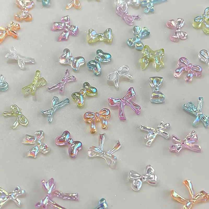 50Pcs Colorful Bow Nail Charms Nails Art Accessory Illusionary AB Color Resin Ribbon Bows Manicures Decoration Charm