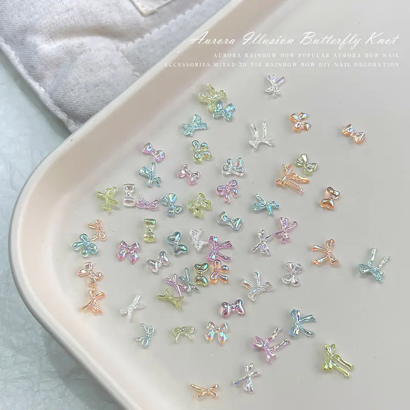 50Pcs Colorful Bow Nail Charms Nails Art Accessory Illusionary AB Color Resin Ribbon Bows Manicures Decoration Charm