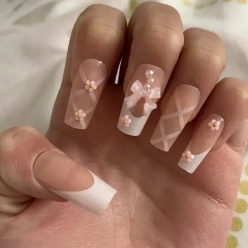 24Pcs Ballet Square Pink Press on Bow Nails 3D Flower with Bandage Design French Nail Tips for Women&Girls Daily,Spring wear