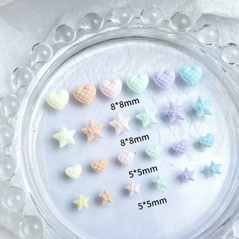 50PCS Macaron Colored Check Hearts Nail Charms Minimalist Luminous Star Mixed Sized Resin Nail Art Decorations DIY Nails Crafts