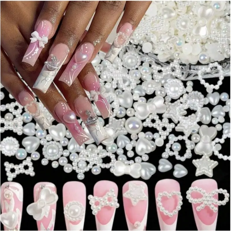 50 Pcs Y2K 3D Pearls Nail Charms Heart Star Moon Nail Art Charms Mixed  Nail Charms For DIY Manicure Crafts Jewelry Accessories
