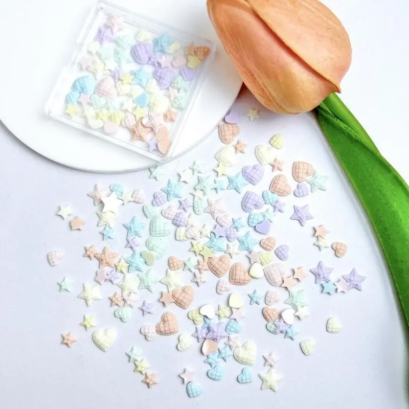 50PCS Macaron Colored Check Hearts Nail Charms Minimalist Luminous Star Mixed Sized Resin Nail Art Decorations DIY Nails Crafts