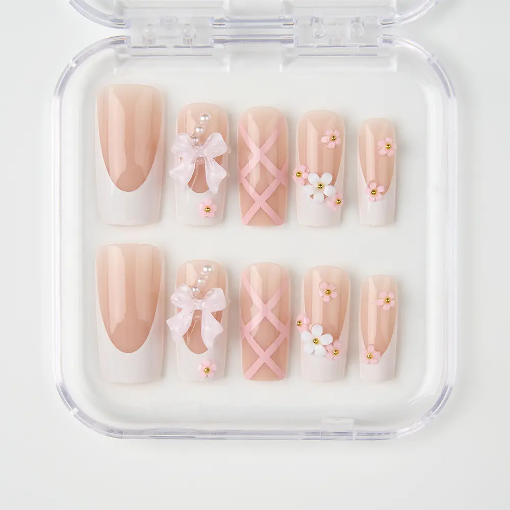 24Pcs Ballet Square Pink Press on Bow Nails 3D Flower with Bandage Design French Nail Tips for Women&Girls Daily,Spring wear