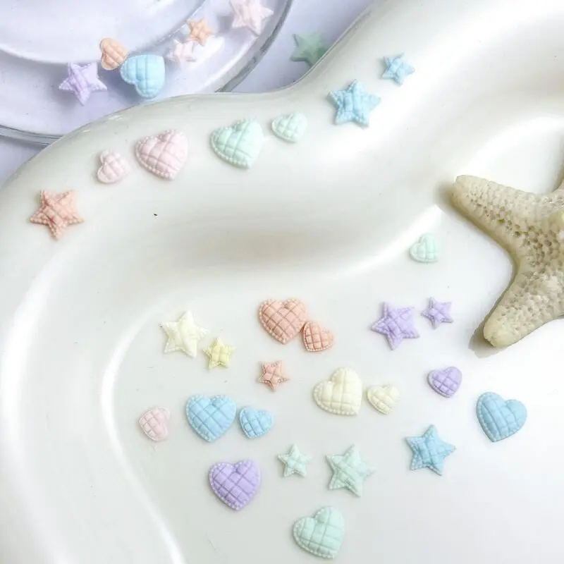 50PCS Macaron Colored Check Hearts Nail Charms Minimalist Luminous Star Mixed Sized Resin Nail Art Decorations DIY Nails Crafts