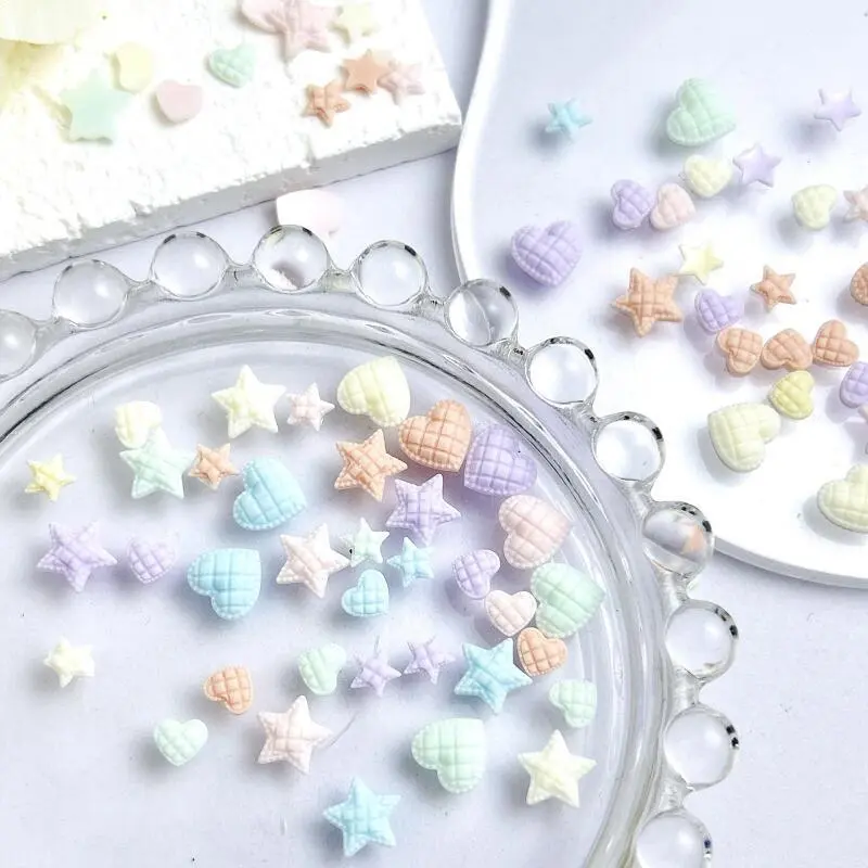 50PCS Macaron Colored Check Hearts Nail Charms Minimalist Luminous Star Mixed Sized Resin Nail Art Decorations DIY Nails Crafts