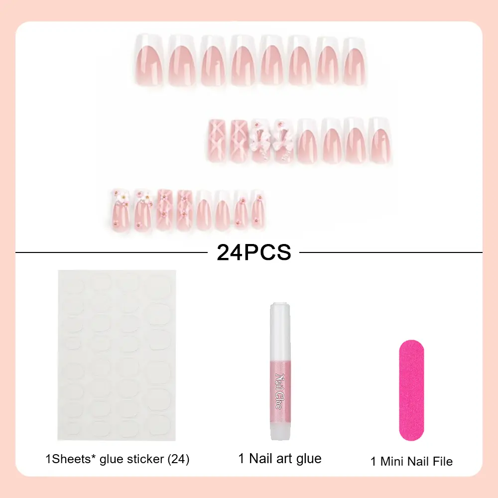 24Pcs Ballet Square Pink Press on Bow Nails 3D Flower with Bandage Design French Nail Tips for Women&Girls Daily,Spring wear