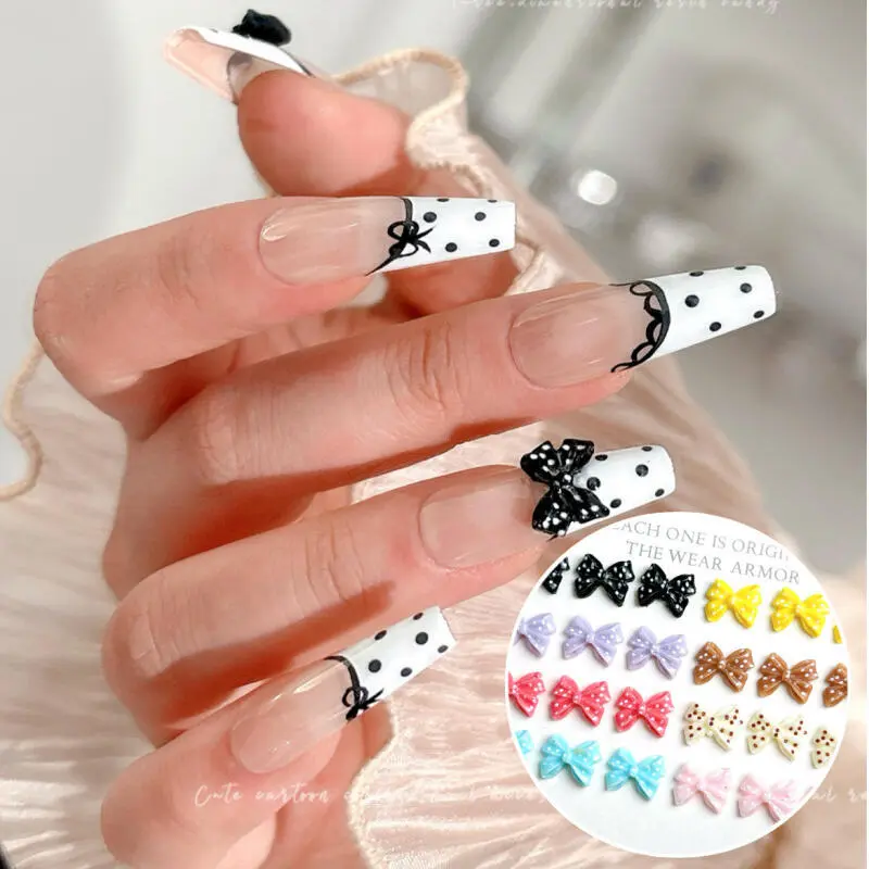 30PCS Resin Colored Round Dot Bow Nail Art Charms Minimalist Tie Small Fragrance Series Nail Decorations DIY French Nail Crafts