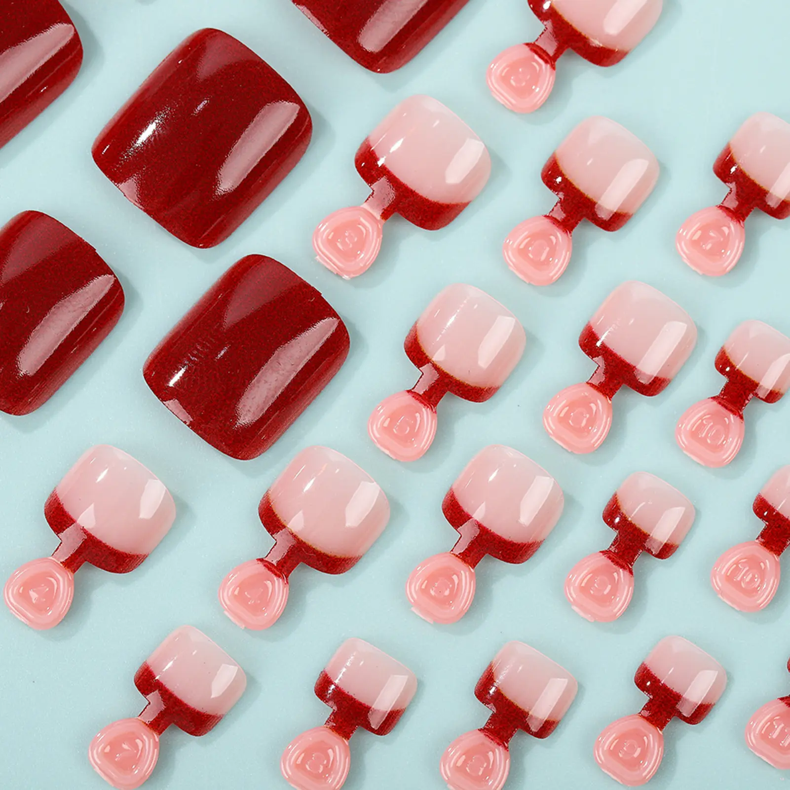 24pcs/set Fashion Wine Red French Fake Toenails Press On Nails Short Square Reusable Adhesive False Nails Nude Classic Nail Art