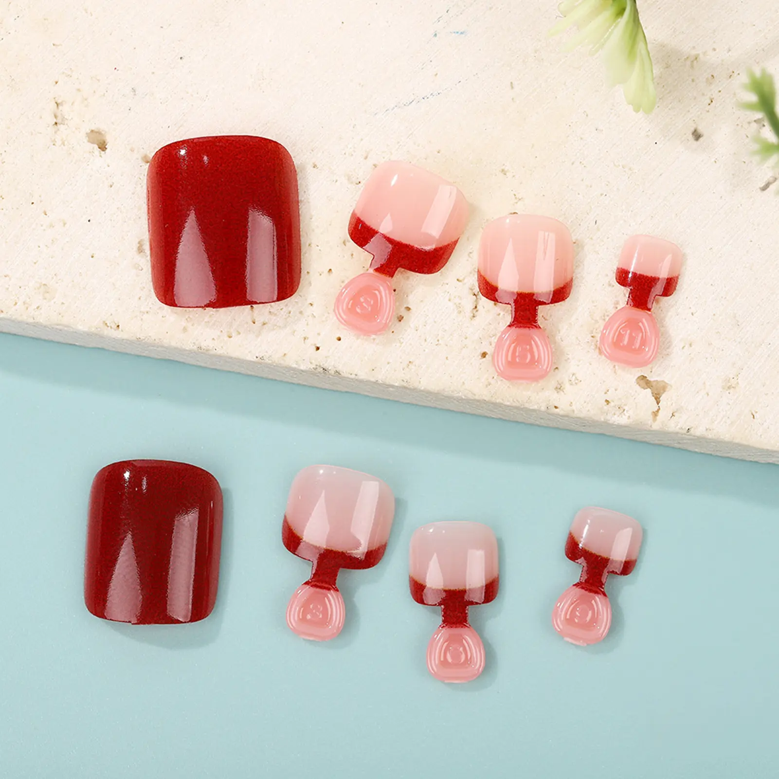 24pcs/set Fashion Wine Red French Fake Toenails Press On Nails Short Square Reusable Adhesive False Nails Nude Classic Nail Art