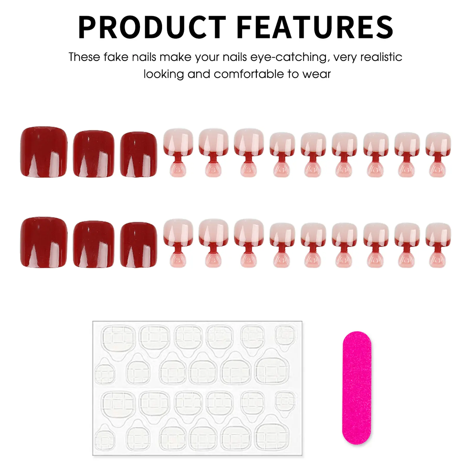 24pcs/set Fashion Wine Red French Fake Toenails Press On Nails Short Square Reusable Adhesive False Nails Nude Classic Nail Art