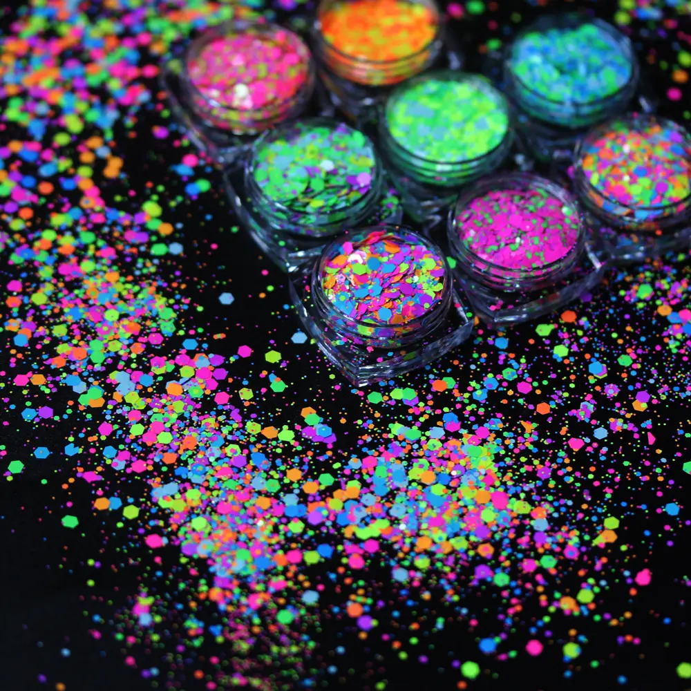 Neon Fluorescent Chunky Hexagon Glitter Mixed Sequin Holiday Bash Makeup Body Nail Art Resin Craft Plexiglas Decoration DIY