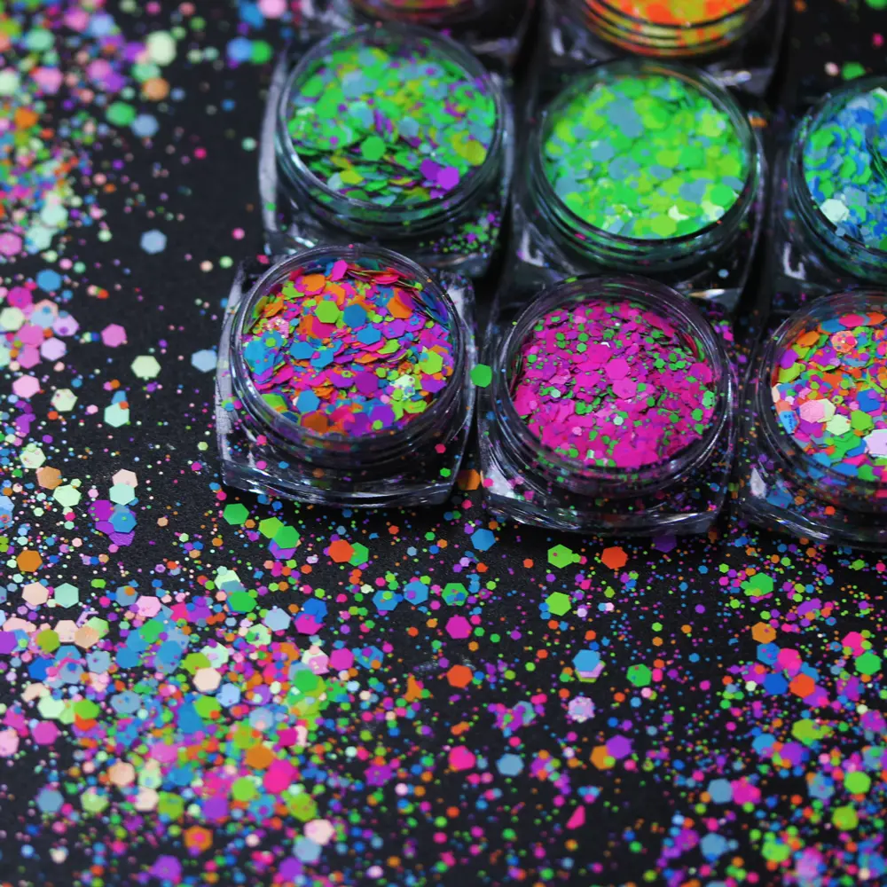 Neon Fluorescent Chunky Hexagon Glitter Mixed Sequin Holiday Bash Makeup Body Nail Art Resin Craft Plexiglas Decoration DIY