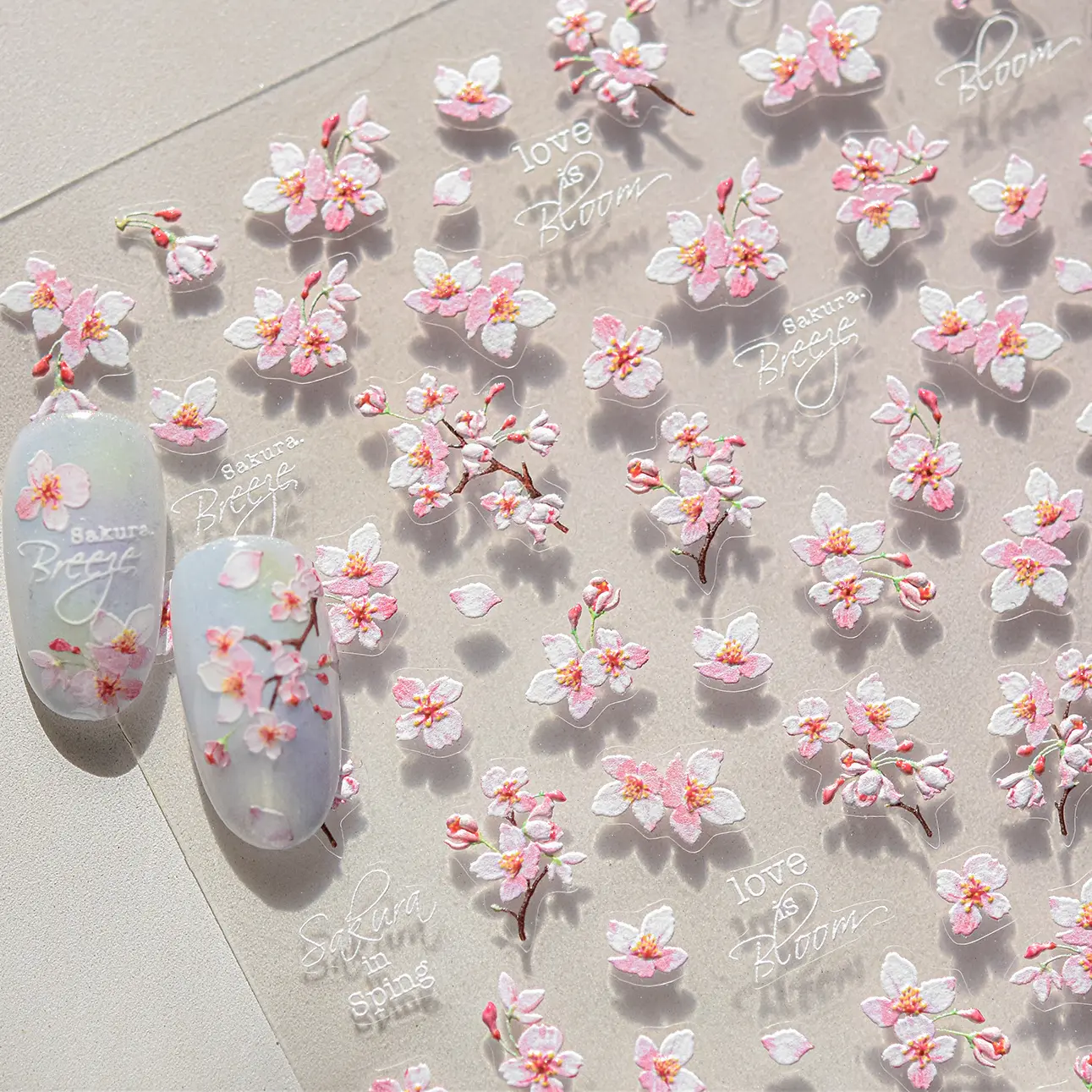 Flowers Blooming Cherry Blossom Sakura Living Peach Branch 5D Soft Relief Spring Adhesive Nail Art Sticker Chic Manicure Decals