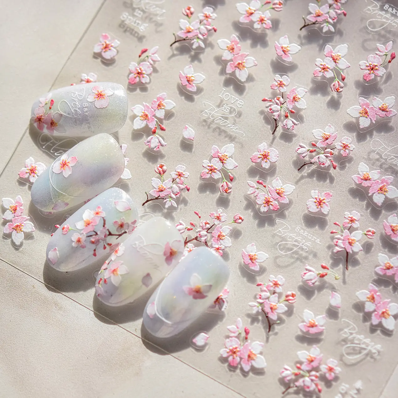 Flowers Blooming Cherry Blossom Sakura Living Peach Branch 5D Soft Relief Spring Adhesive Nail Art Sticker Chic Manicure Decals