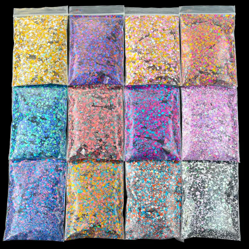 50G Holographic Mixed Hexagon Chunky Glitter Laser Sparkly Iridescent Nail Art Glitter Resin Slice Flake Sequins Nail Decoration