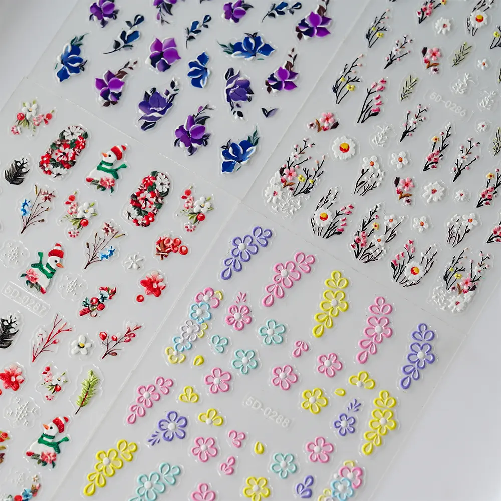 5D Pink Blue Floral Nail Art Stickers Petals Plant Theme Embossed Nail Decals Spring Summer Flower Design for DIY Nail Supplie