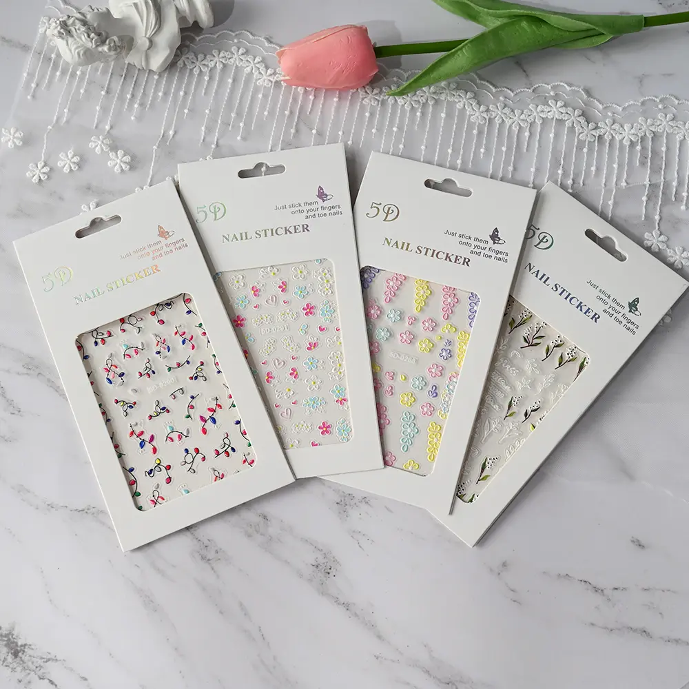 5D Pink Blue Floral Nail Art Stickers Petals Plant Theme Embossed Nail Decals Spring Summer Flower Design for DIY Nail Supplie