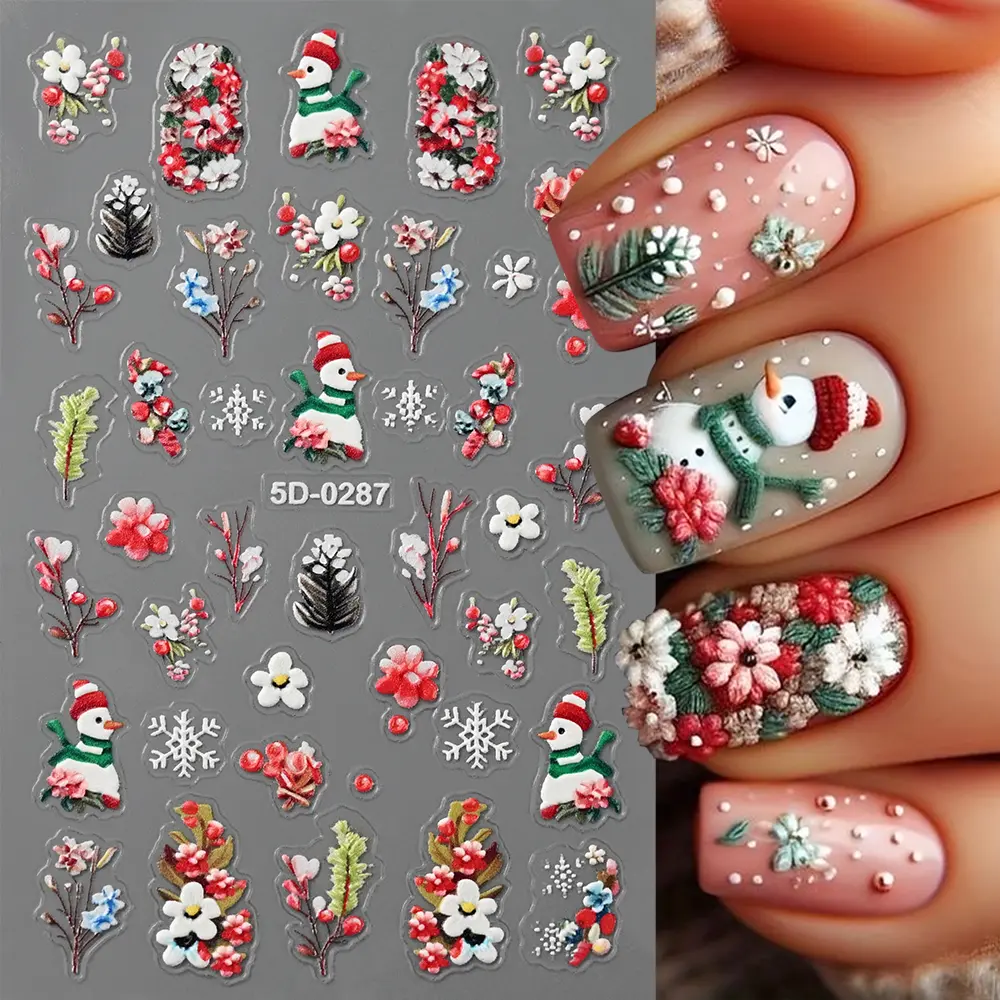 5D Pink Blue Floral Nail Art Stickers Petals Plant Theme Embossed Nail Decals Spring Summer Flower Design for DIY Nail Supplie