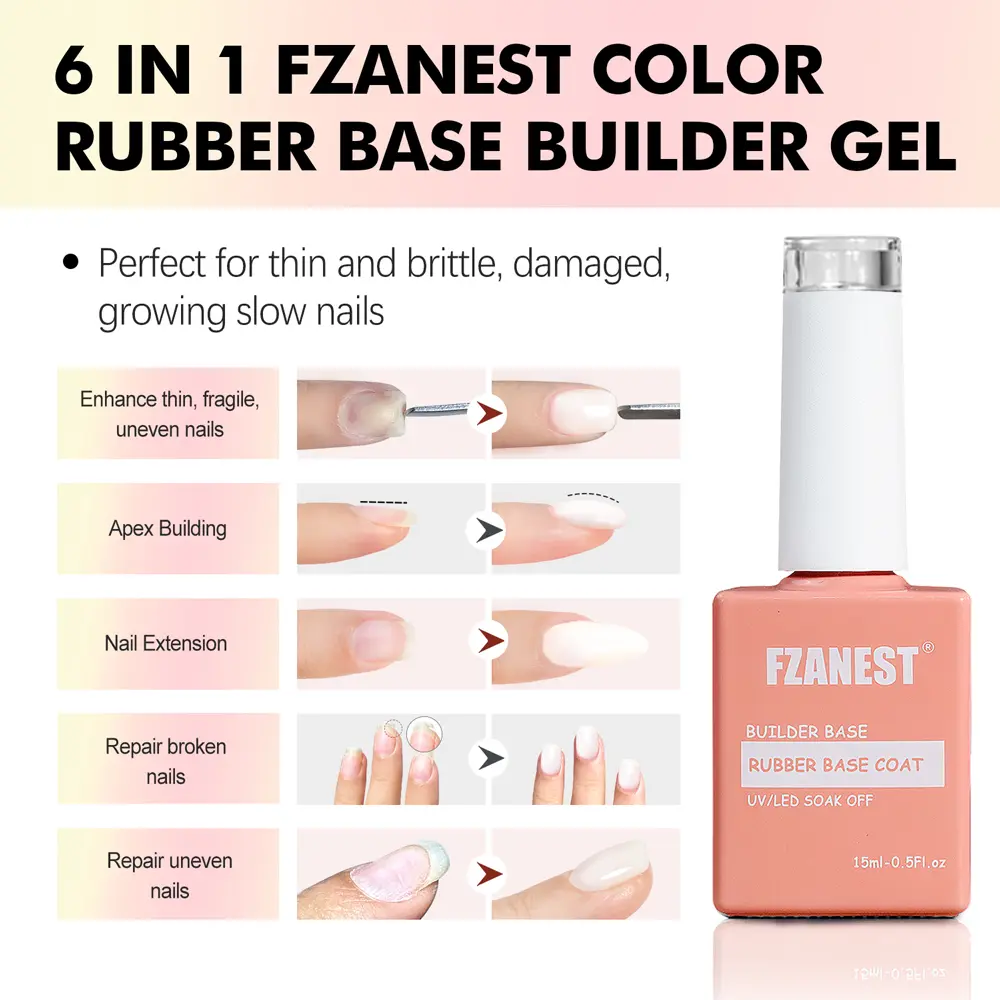 FZANEST 6 in 1 Rubber Cove Base Gel Self-Leveling Builder Molding Gel Nail Strengthener Quick Extension Gel Salon Professional