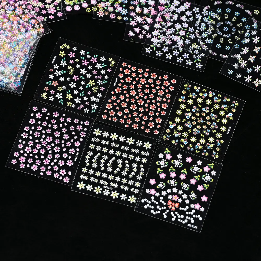 3D Colorful Flowers Cherry Blossoms Rose Daisy Nail Decals 20/30/60/70/90pcs Cute Heart Nail Sticker Manicure Decoration 5.5*6cm