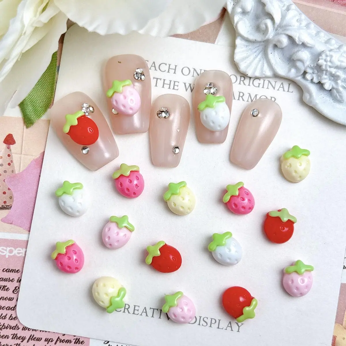 30PCS Macaron Colored Adorable Strawberry Nail Charms Creative Simulated Small Strawberry Resin Nail Art Decorations DIY Nails